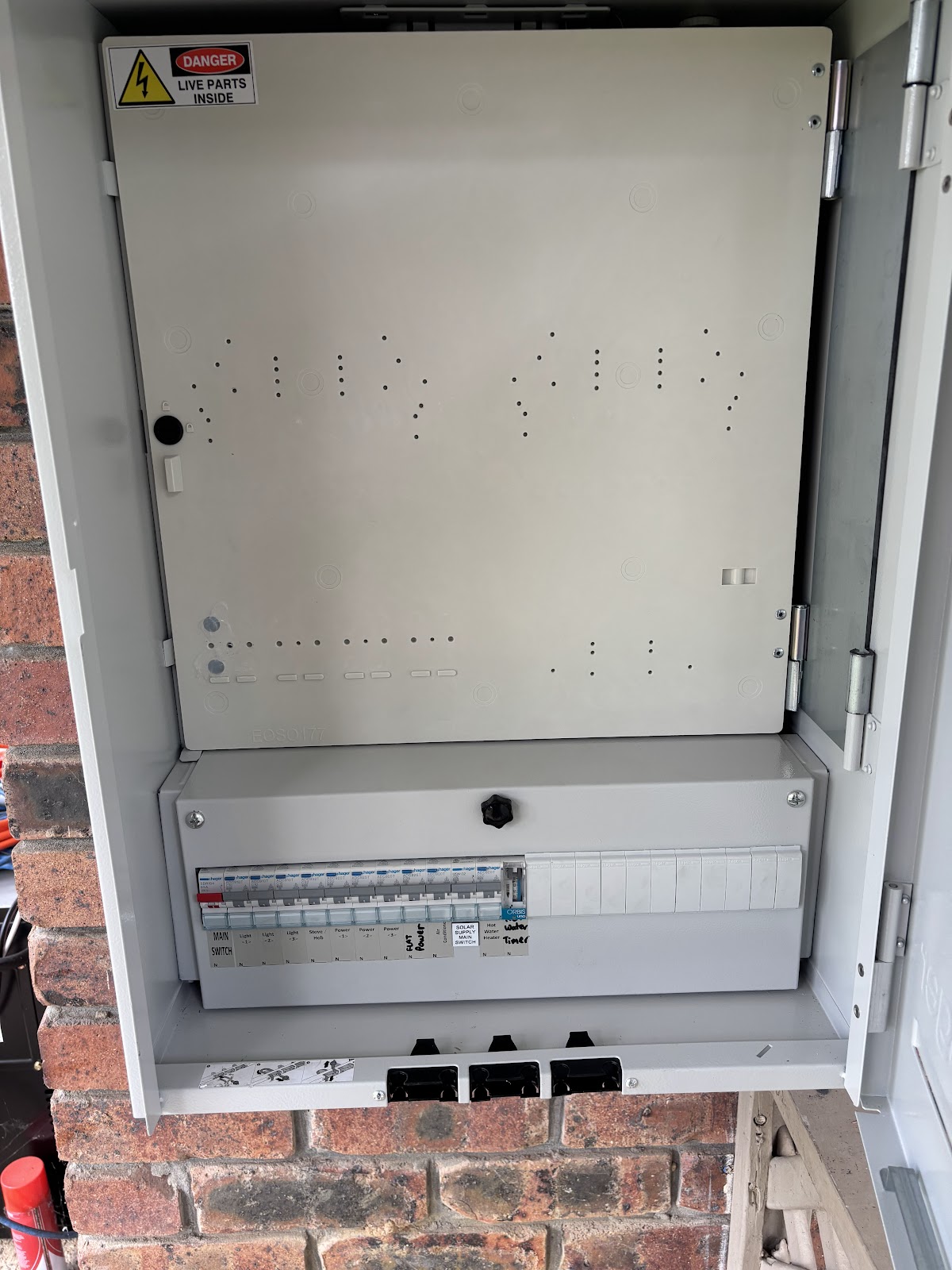 Switchboard in a meter box on a brick wall with new safety switches