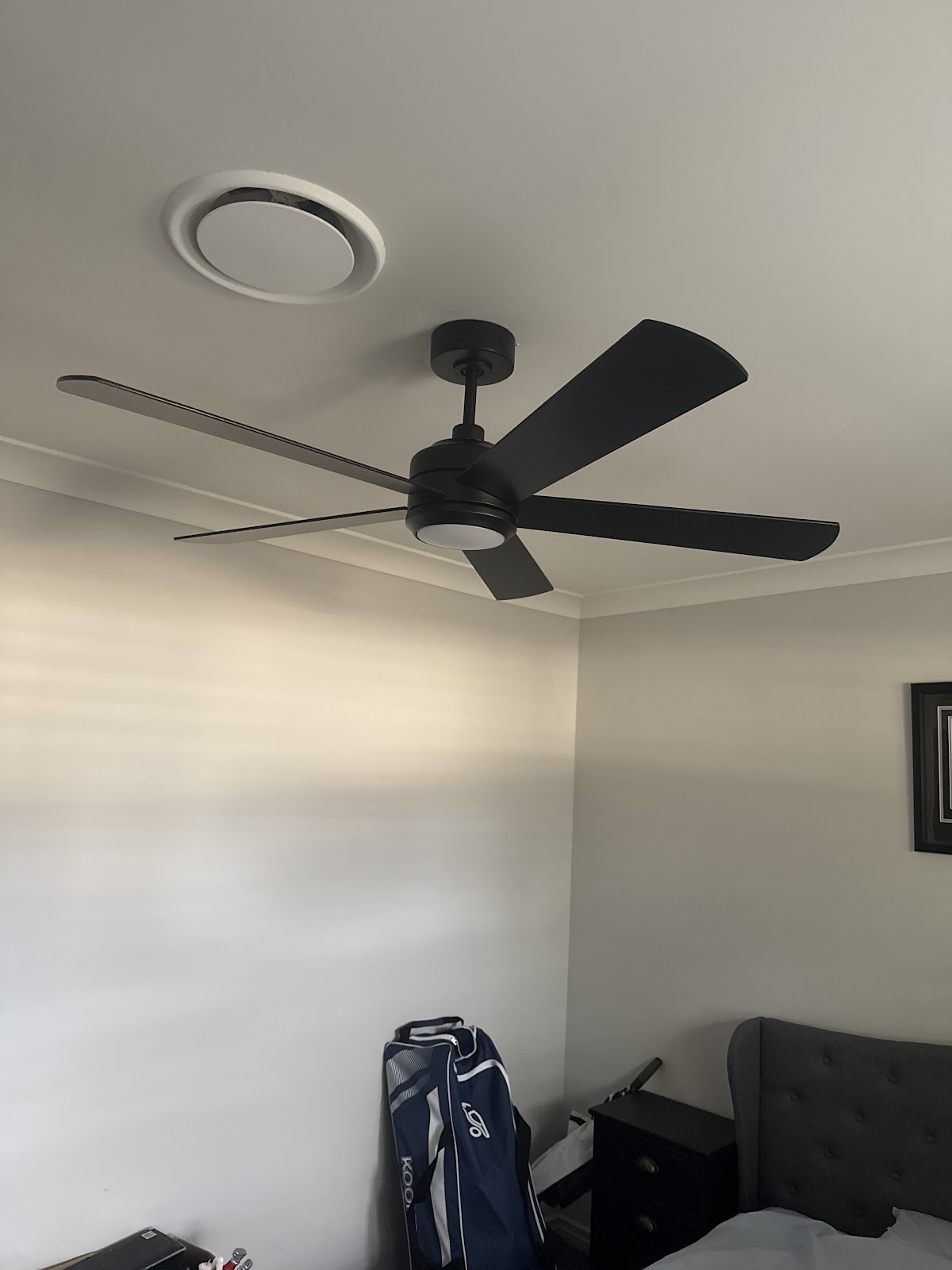 Black five-blade ceiling fan with a light in a bedroom