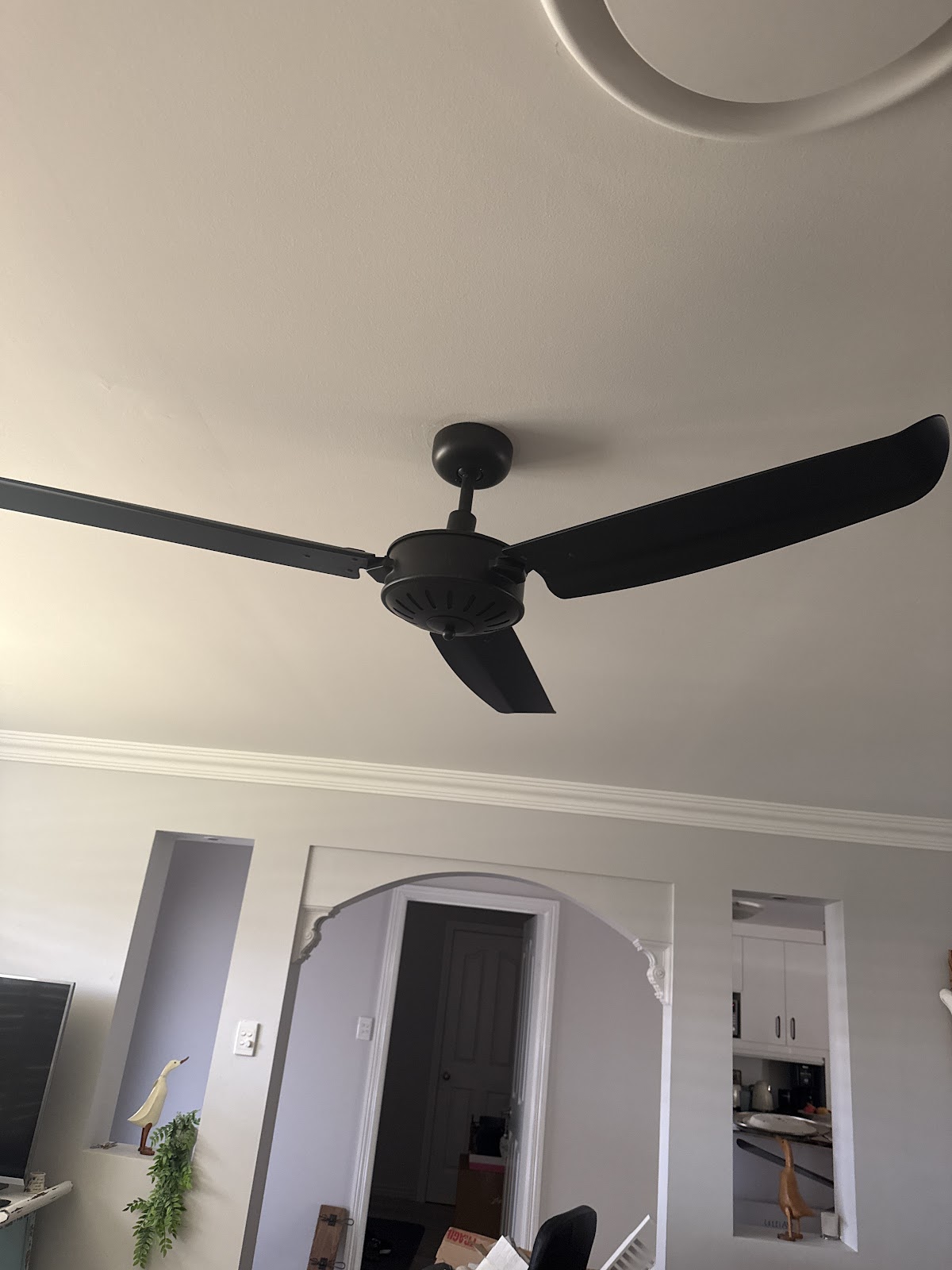 Black three-blade ceiling fan in a living room